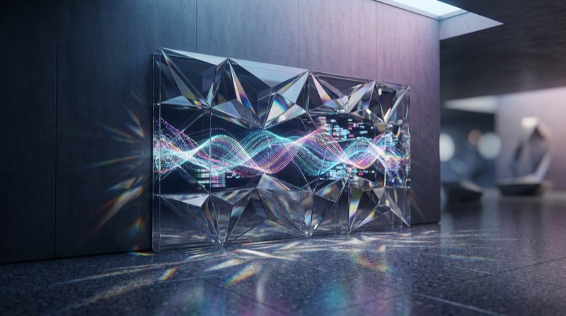 Futuristic Prism Panel with Neon Data Waves