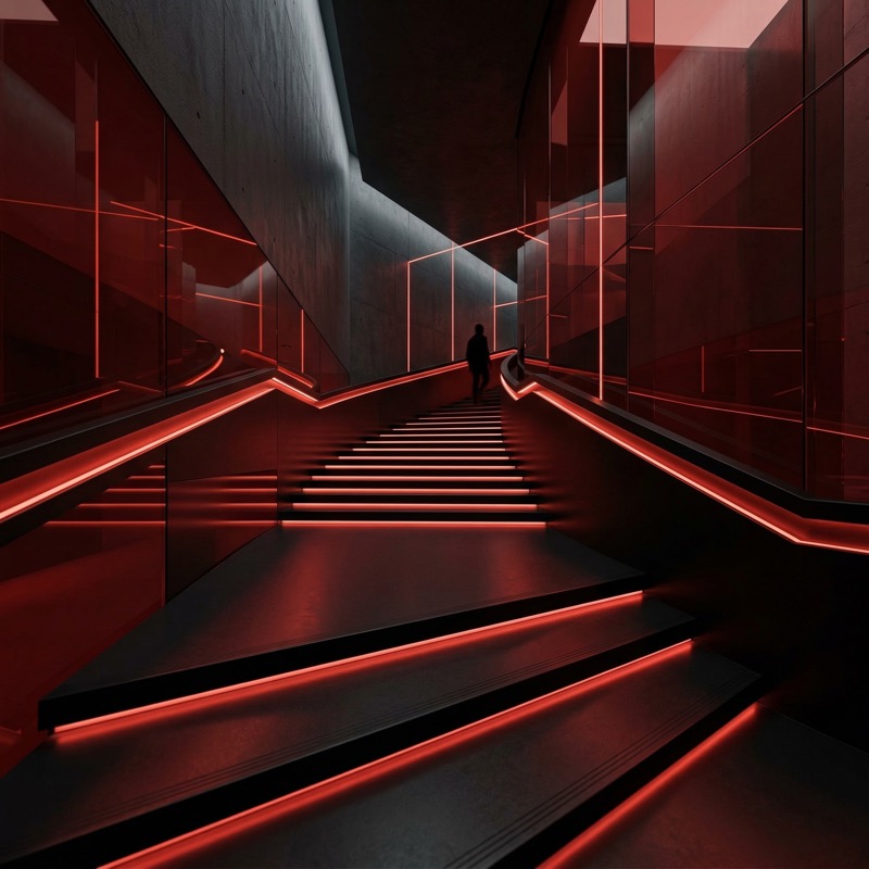Futuristic Red Neon Staircase Corridor