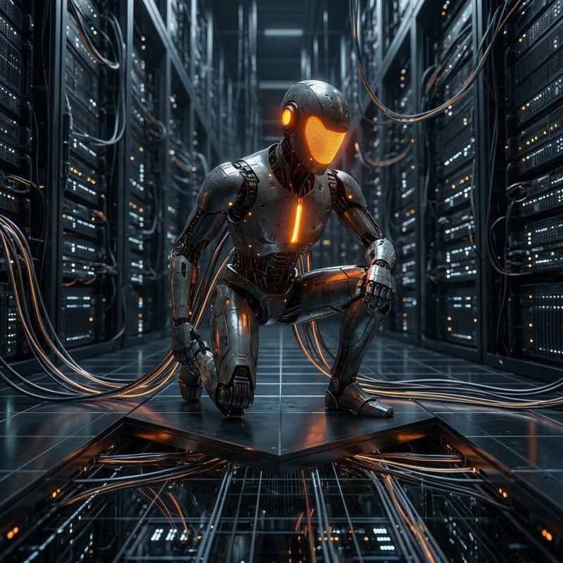 Futuristic Robot in Data Center Server Room