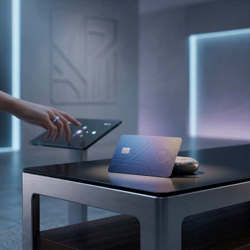 Futuristic smart card and tablet on modern desk