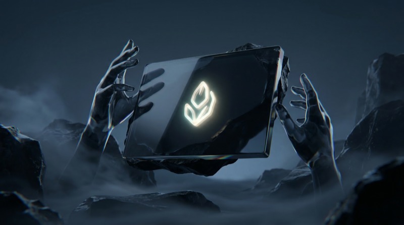 Futuristic tablet with glowing emblem in mist