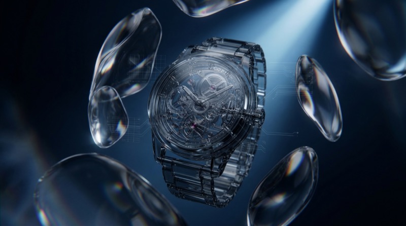 Futuristic transparent skeleton wristwatch close-up