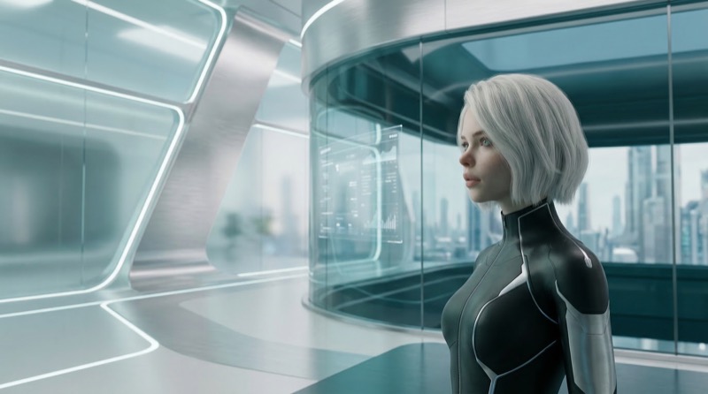 Futuristic Woman in High-Tech Office Interior