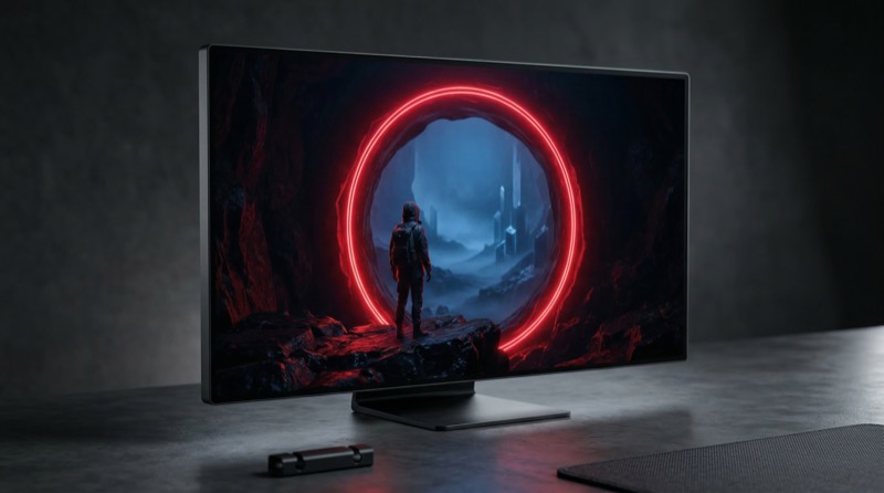 Gaming monitor with red portal sci-fi scene