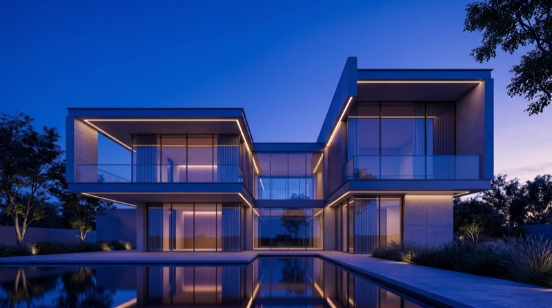 Photoreal Cinematic Architectural Visualization Of A Minimalist Luxury Modern Villa At Blue