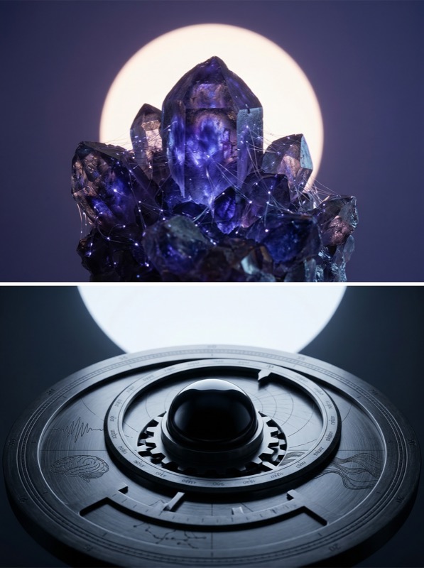 Glowing Amethyst Cluster and Futuristic Dial