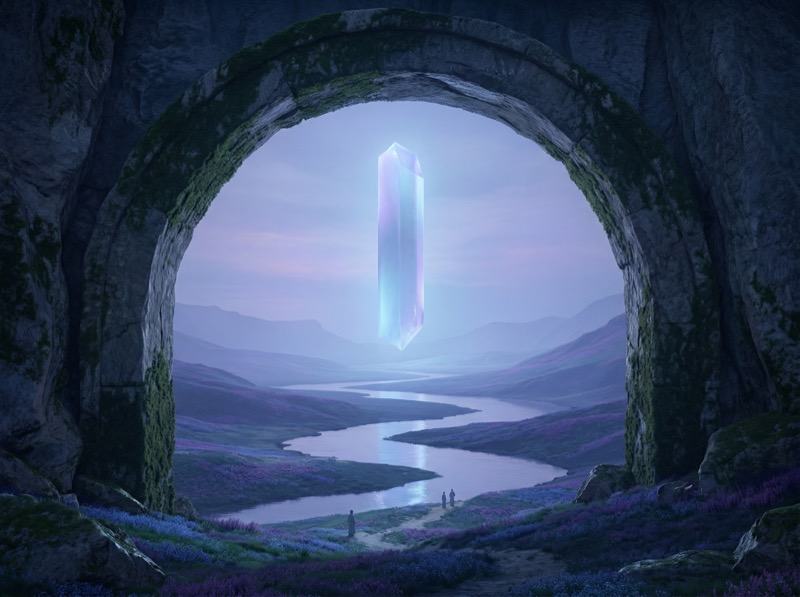 Glowing crystal monolith in fantasy stone arch