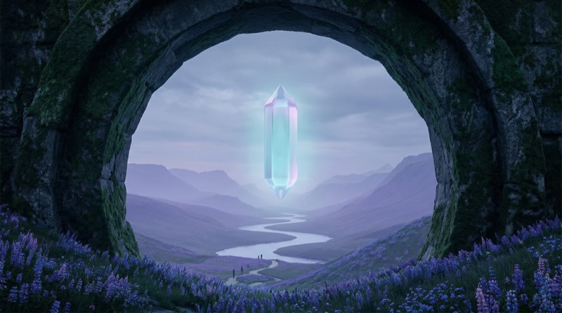 Glowing Crystal Over Misty Mountain Valley