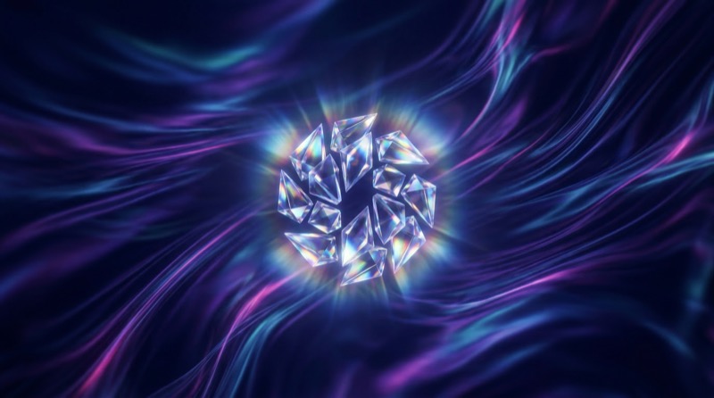 Glowing crystal shards on flowing neon background