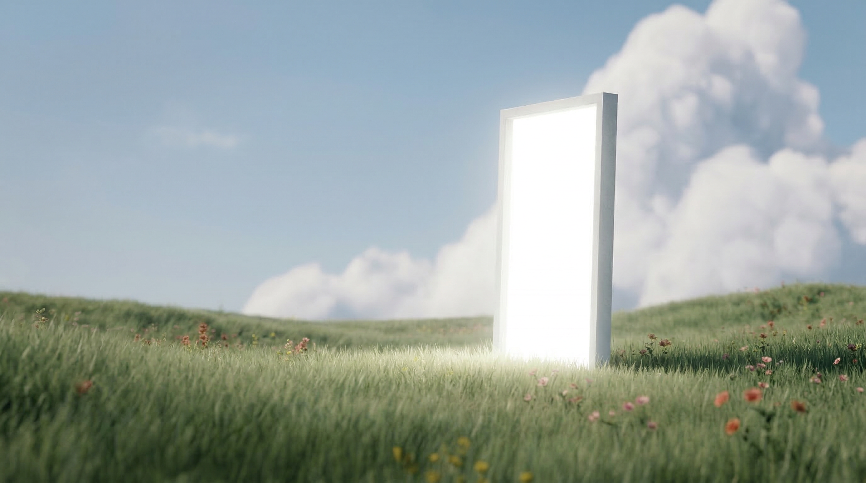 Glowing Portal Door in a Grassy Meadow