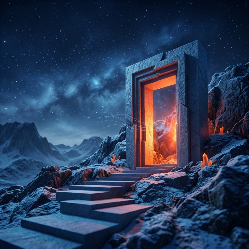 Glowing Portal Doorway in Rocky Night Landscape