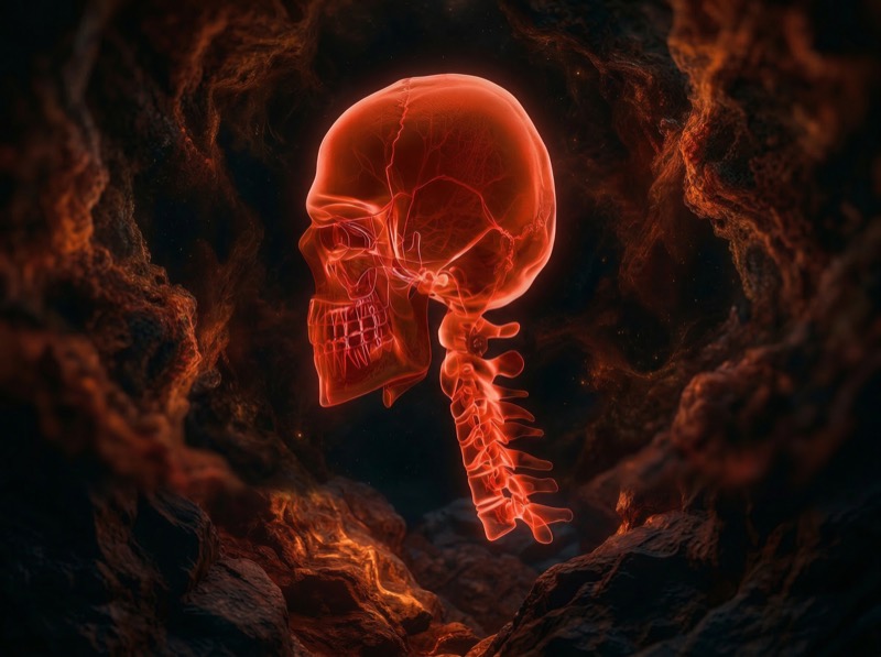 Glowing Red Skull and Spine Anatomy Render
