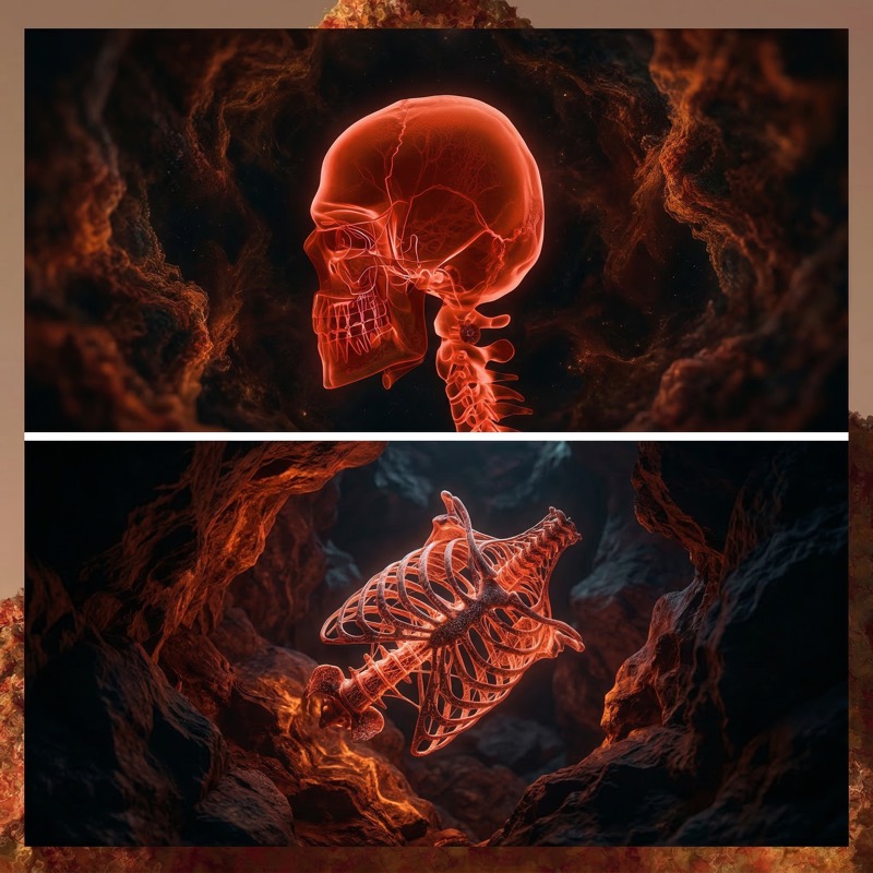 Glowing Red X-Ray Skull and Ribcage in Cavern