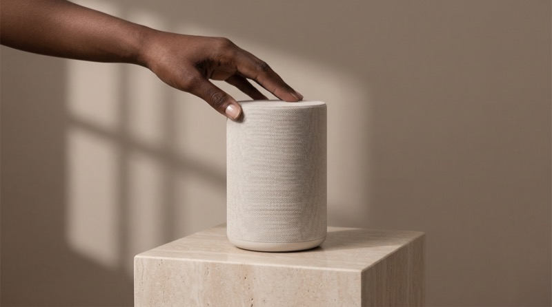 Hand adjusting smart speaker on stone pedestal