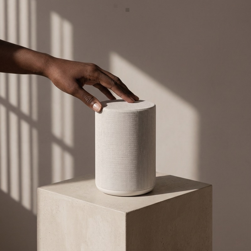 Hand adjusting white smart speaker on pedestal