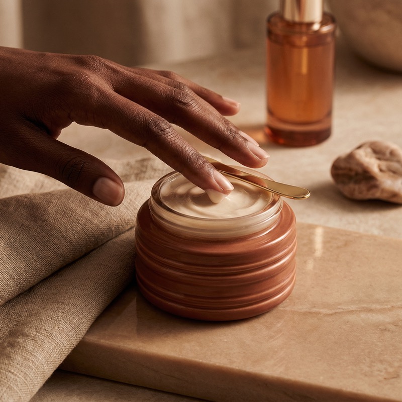 Hand applying face cream in spa skincare setting