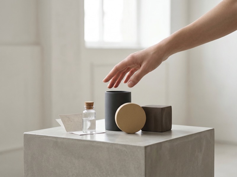 Hand reaching toward minimalist objects on pedestal