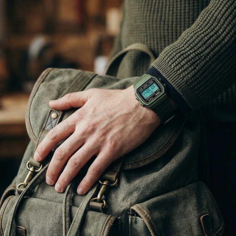Hand with digital watch on canvas backpack