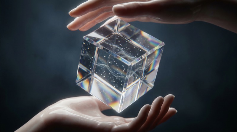 Hands Holding a Floating Transparent Prism Cube
