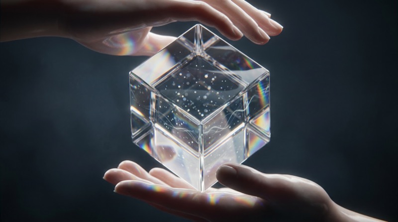 Hands Holding a Prismatic Glass Cube