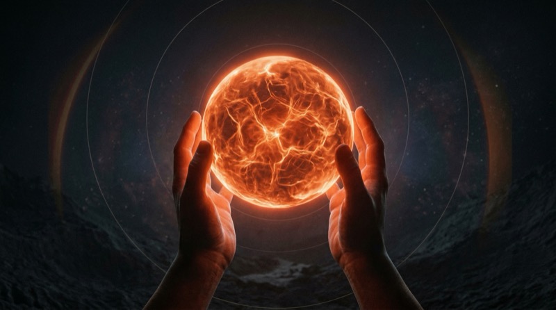 Cinematic Sci‑fi Photorealism: Close Up Human Hands Gently Cradling A Levitating Glowing