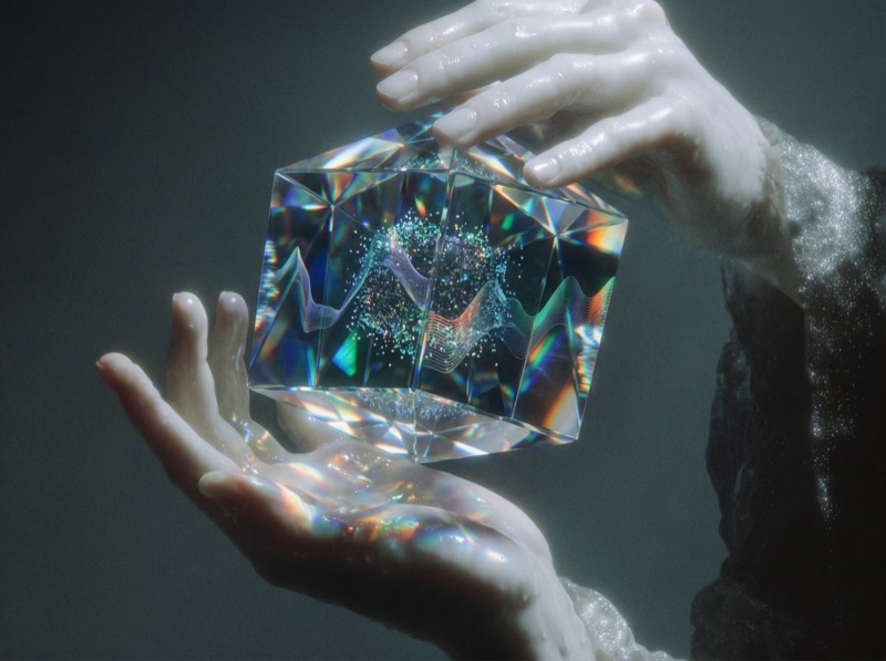 Hands Holding Prismatic Glass Cube