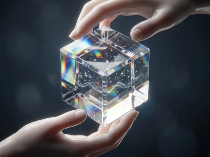 Hands holding prismatic glass cube