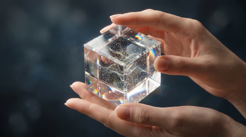 Hands Holding Transparent Prism Cube