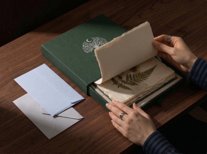 Hands opening botanical scrapbook box on wooden desk