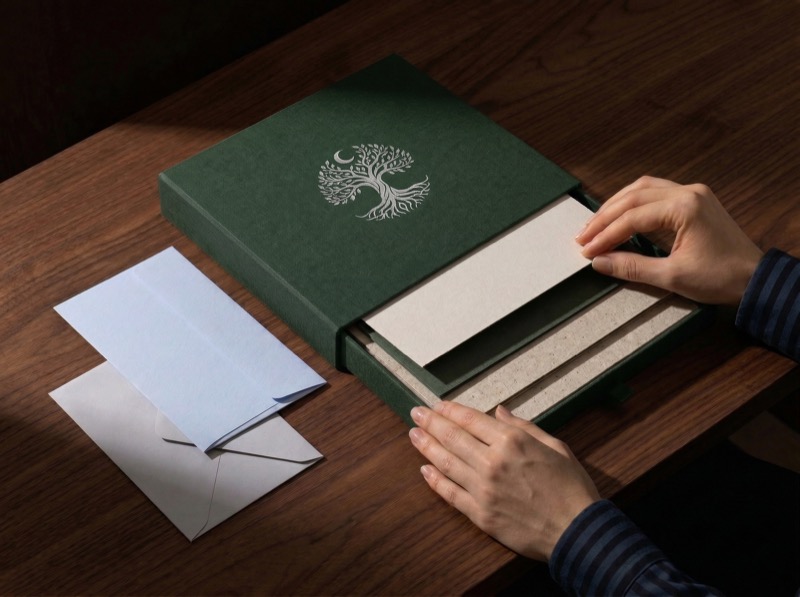 Hands Opening Green Gift Box on Wooden Table