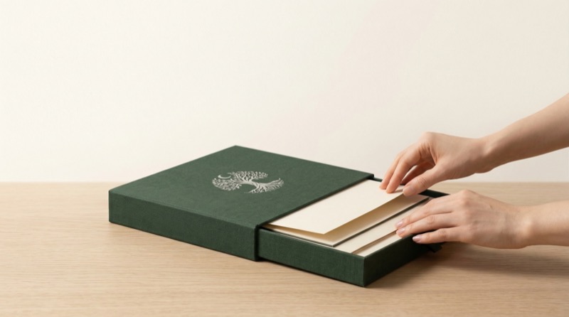Hands opening green presentation box with cards