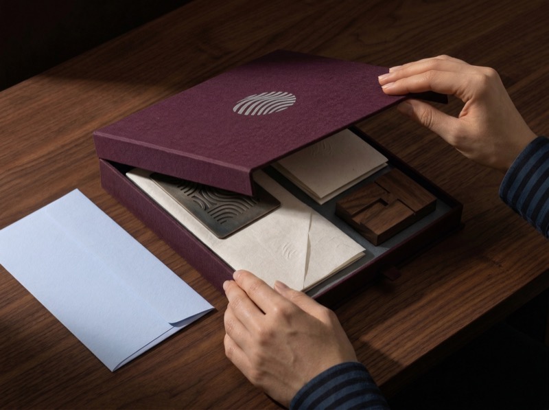 Hands opening luxury stationery gift box