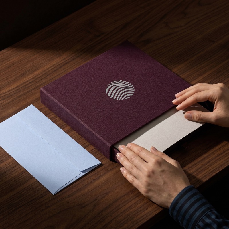 Hands opening premium gift box on wooden table
