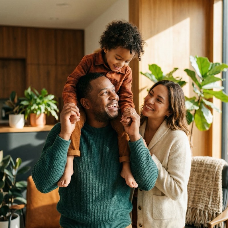 Happy family at home with child on shoulders