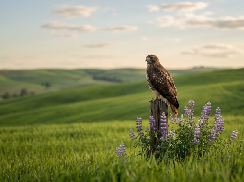 Hawk perched on fence post in green hills