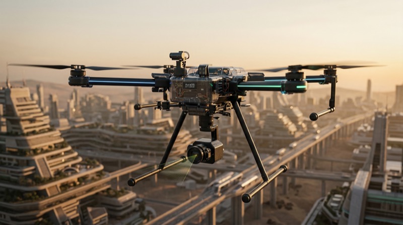 High-tech camera drone over futuristic city