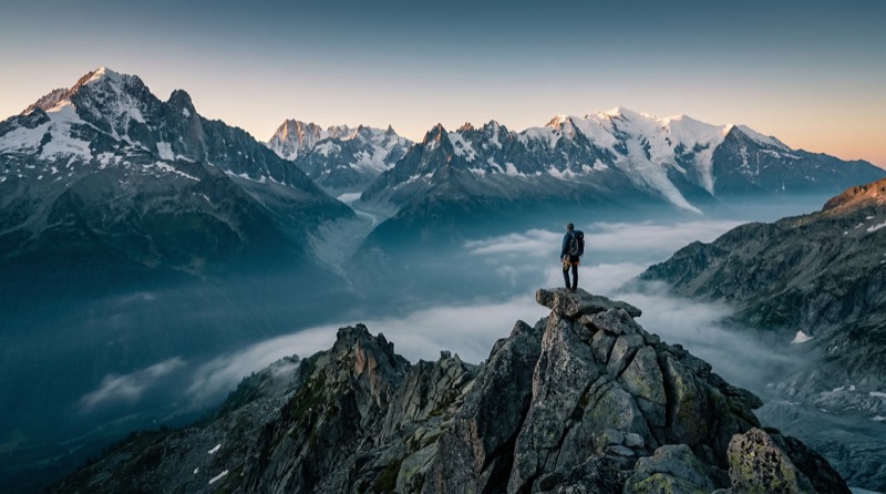 Hiker on Rocky Peak Above Mountain Clouds