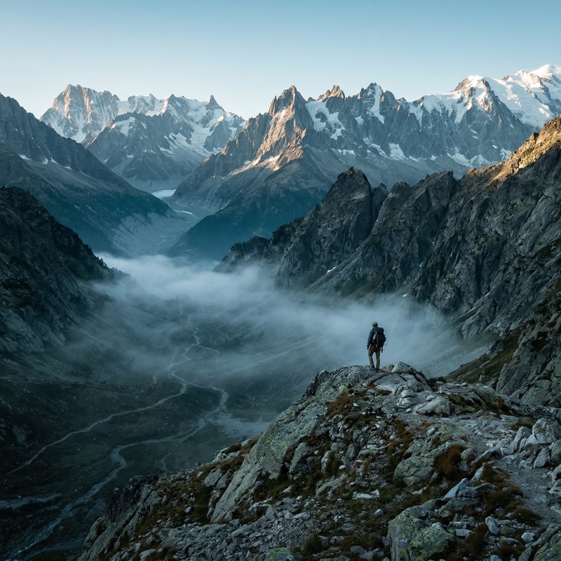 Hiker Overlooking Misty Alpine Valley