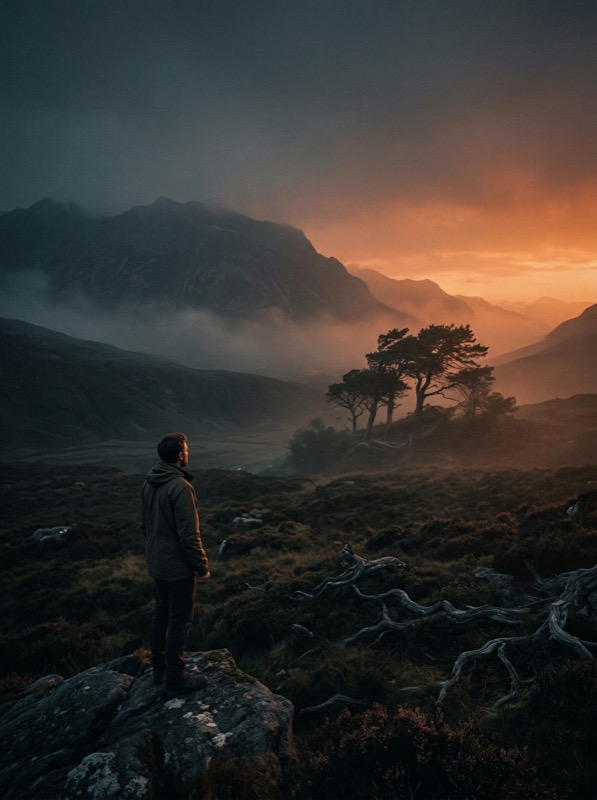 Hiker Overlooking Misty Mountains at Sunset