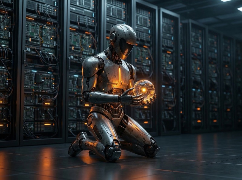 Humanoid Robot Holding Glowing Data Sphere
