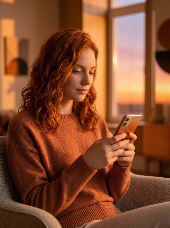 Young Adult Woman With Wavy Red Hair Sitting In A Cozy Armchair