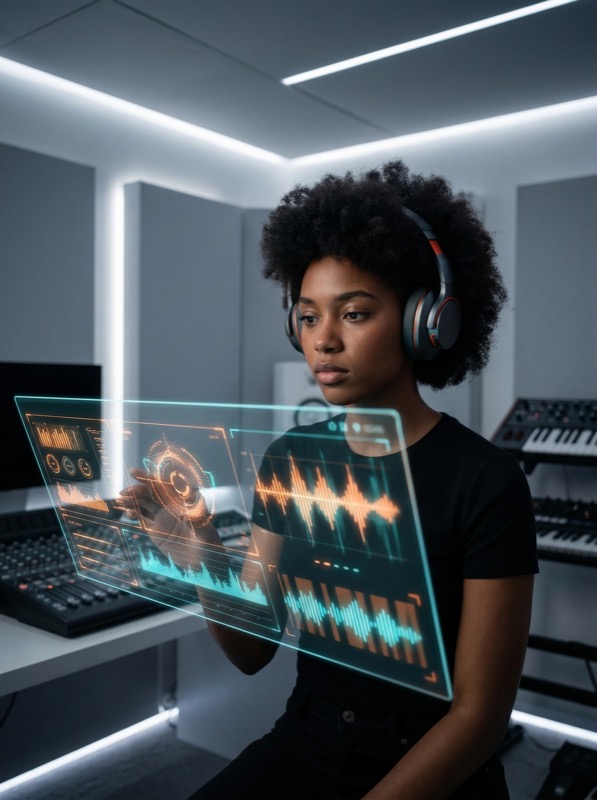 Ultra Photoreal Cinematic Portrait Of A Modern Music Creator Wearing Sleek Over