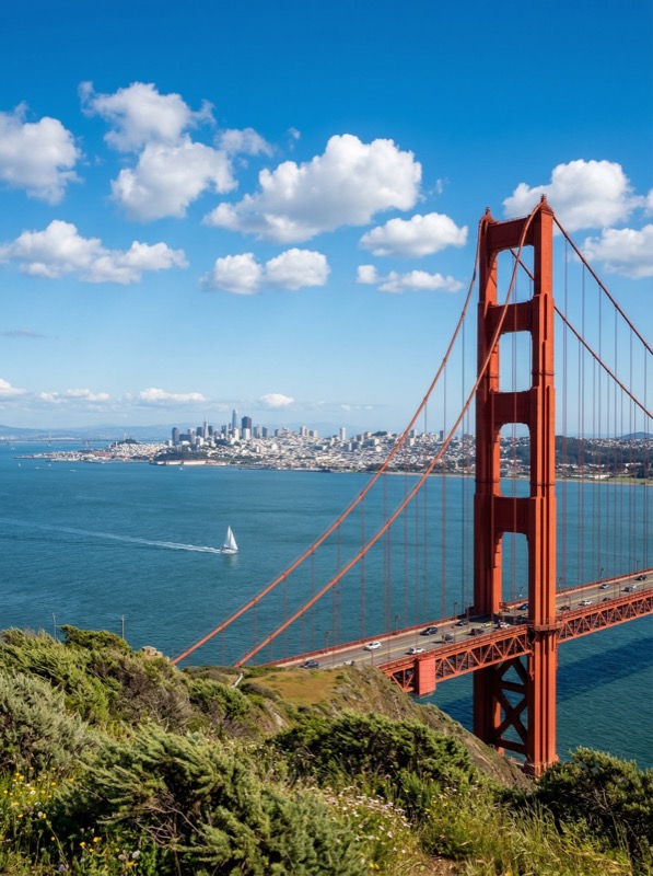 N Iconic Orange Red Suspension Bridge Over A Deep Blue Bay