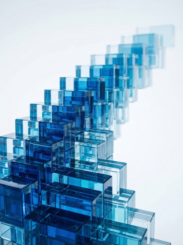 Photoreal High Key Minimalist Scene Featuring Layered Transparent Blue Tinted Glass Geometry