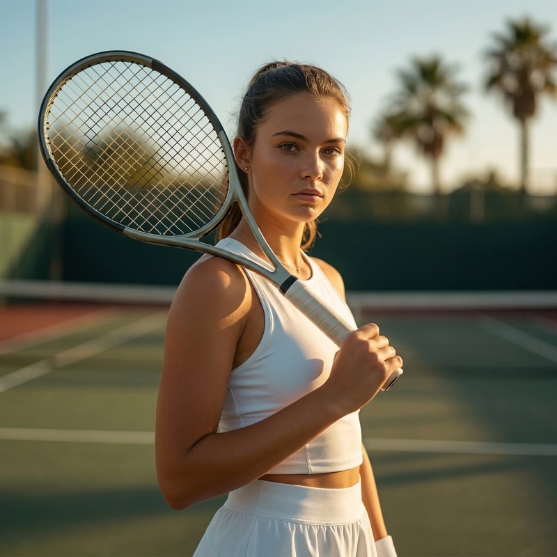 Tennis Athlete On An Outdoor Tennis Court At Golden Hour