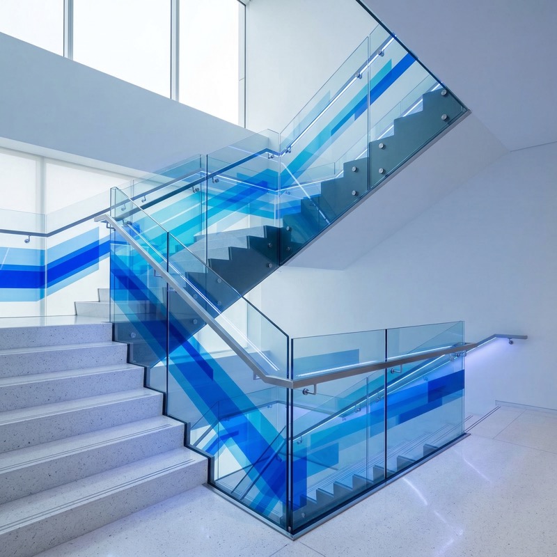Photoreal High Key Minimalist Scene Featuring Layered Transparent Blue Tinted Glass Geometry