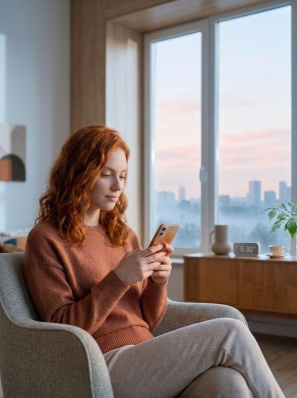 Calm Morning Indoors: A Single Person Seated In A Soft Upholstered Armchair
