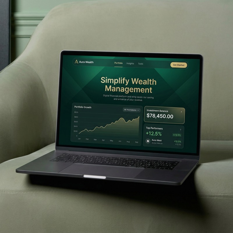 Laptop Showing Wealth Management Dashboard on Sofa