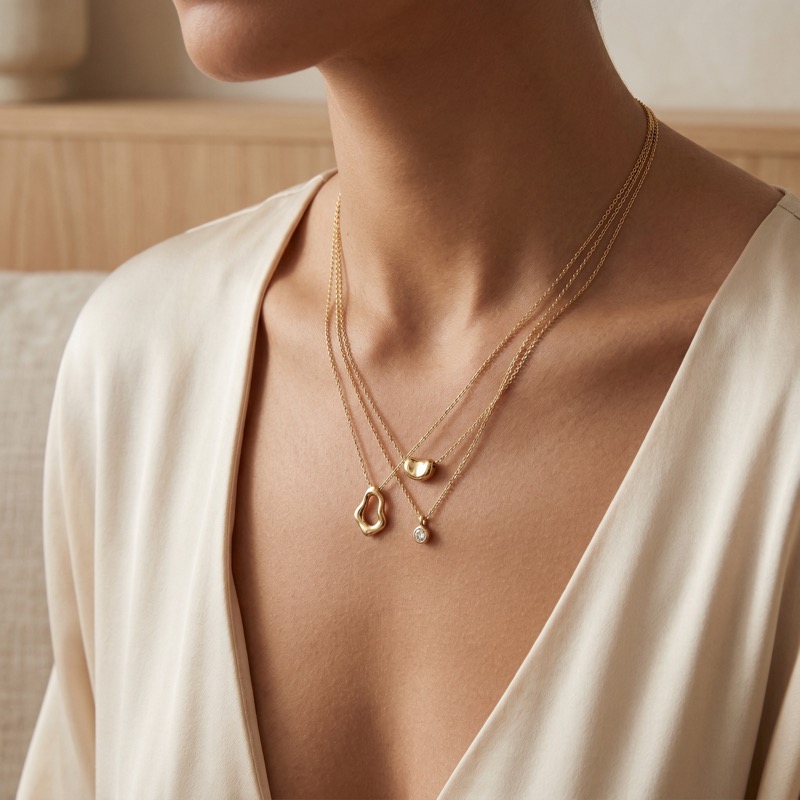 Layered Gold Necklaces on Model in Neutral Top