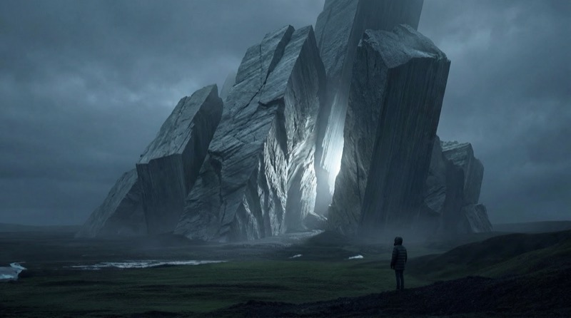 Cinematic Photoreal Dark Fantasy Landscape Of A Colossal Ancient Stone Monolith In
